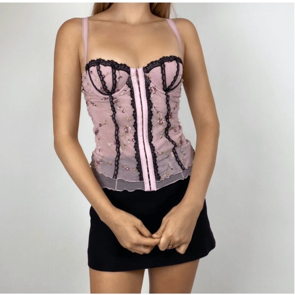 Rampage Other - Rampage Pink Floral Embroidered Mesh Bustier Corset Top Black Lace Trim 34B Y2K
